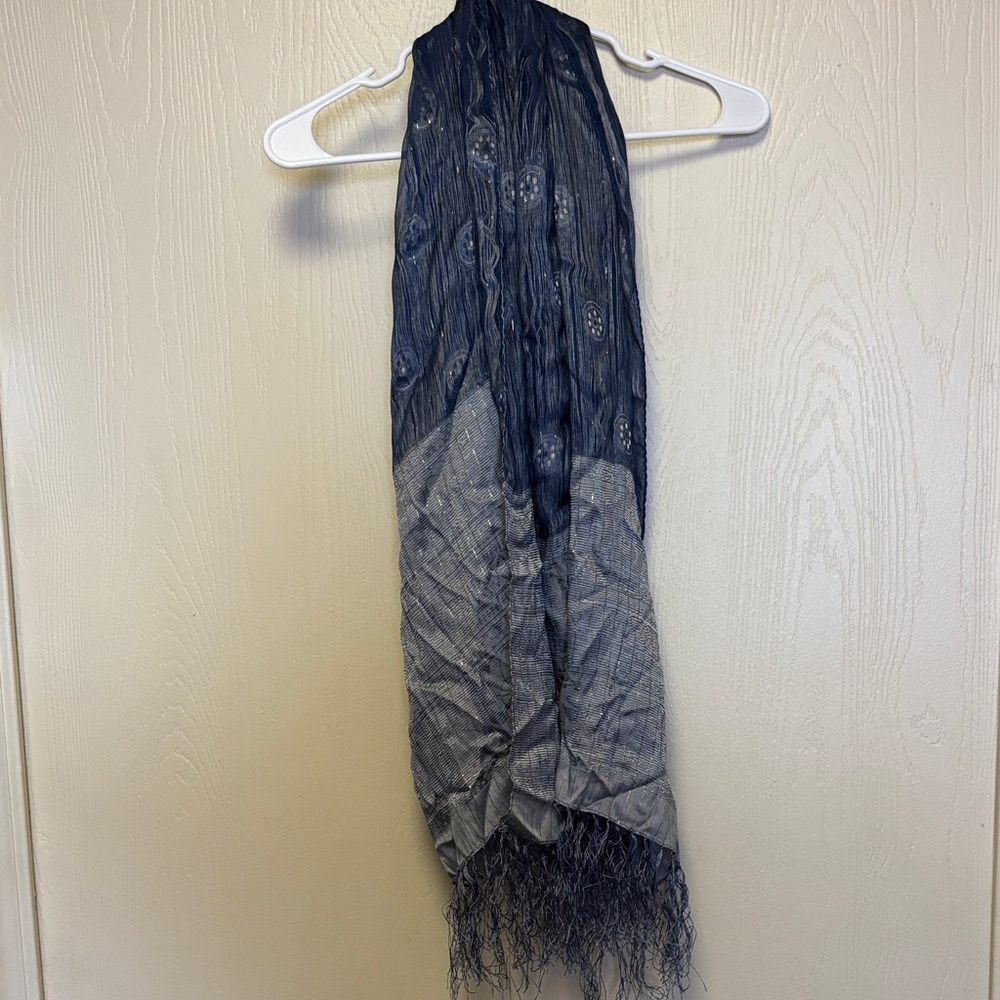 Elegant Blue and Silver Scarf with Fringe Royal Hawaiian Creations